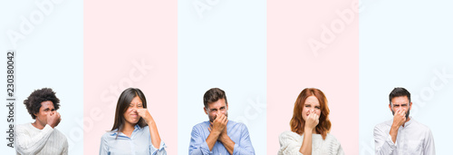 Collage of group of young people over colorful isolated background smelling something stinky and disgusting, intolerable smell, holding breath with fingers on nose. Bad smells concept.