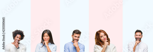 Collage of group of young people over colorful isolated background looking confident at the camera with smile with crossed arms and hand raised on chin. Thinking positive.