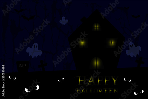 Illustrazione casa spettrale con cimitero, fantasmi, pipistrelli, con sfondo blu, vettore Halloween photo