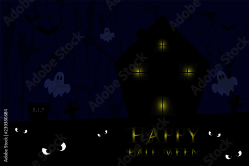 Illustrazione casa spettrale con cimitero, fantasmi, pipistrelli, con sfondo blu, vettore Halloween