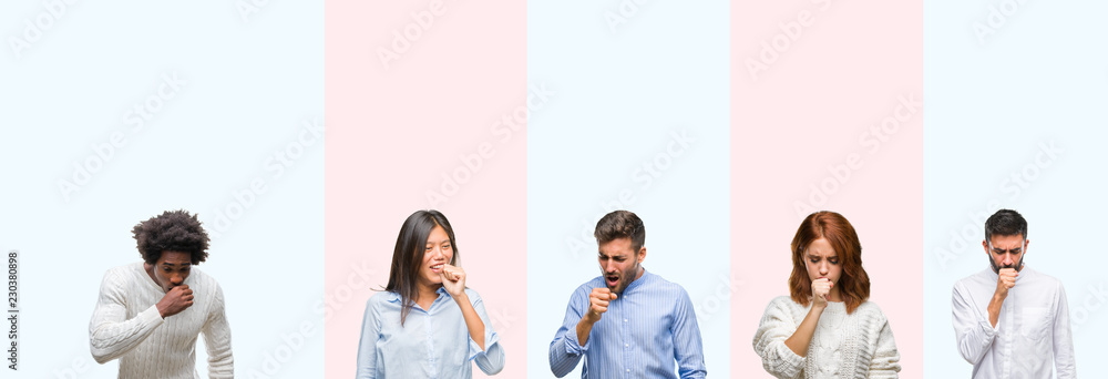 Fototapeta premium Collage of group of young people over colorful isolated background feeling unwell and coughing as symptom for cold or bronchitis. Healthcare concept.