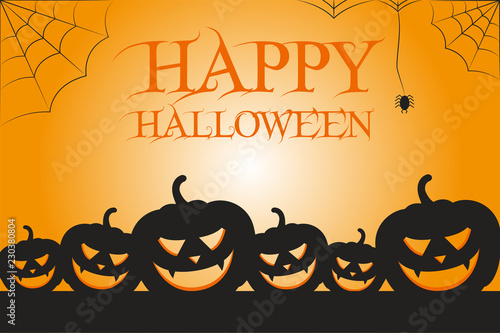 Illustrazione zucche nere, ragni e ragnatele testo happy halloween, sfondo arancione photo