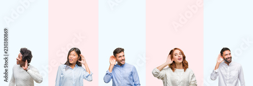 Collage of group of young people over colorful isolated background smiling with hand over ear listening an hearing to rumor or gossip. Deafness concept.