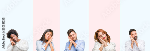Collage of group of young people over colorful isolated background sleeping tired dreaming and posing with hands together while smiling with closed eyes.