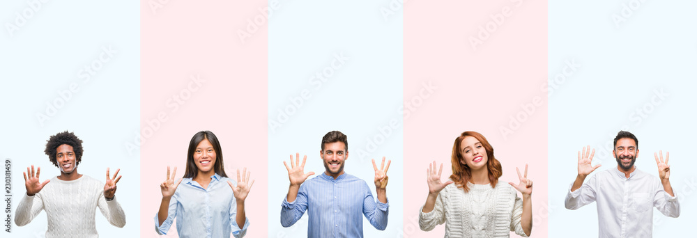 Fototapeta premium Collage of group of young people over colorful isolated background showing and pointing up with fingers number eight while smiling confident and happy.