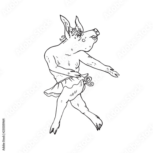 Piggy girl in skirt dancing ballet  hand drawn doodle  sketch  vector outline illustration