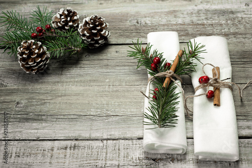 Xmas or New Year background holiday plain composition made of Christmas decorations on a wooden background photo