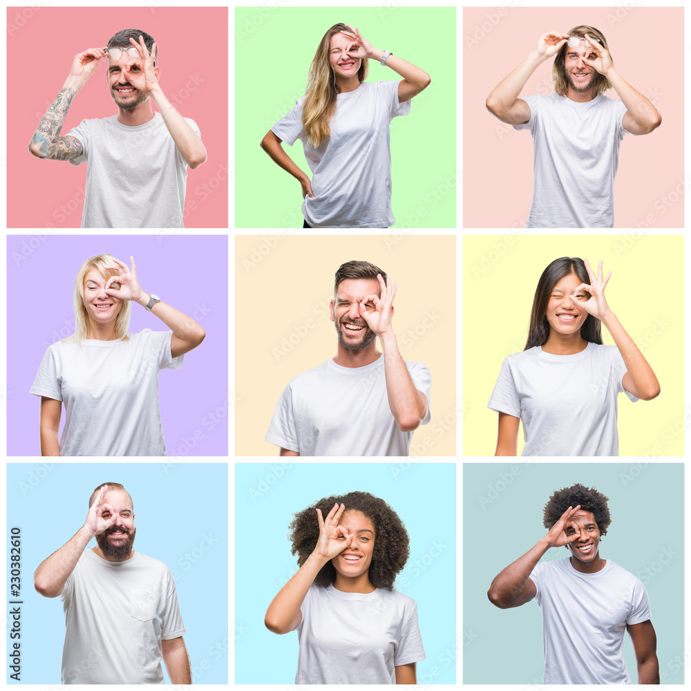 Collage of group people, women and men over colorful isolated background doing ok gesture with hand smiling, eye looking through fingers with happy face. Collage of group people, women and men over colorful isolated background doing ok gesture with hand smiling, eye looking through fingers with happy face.