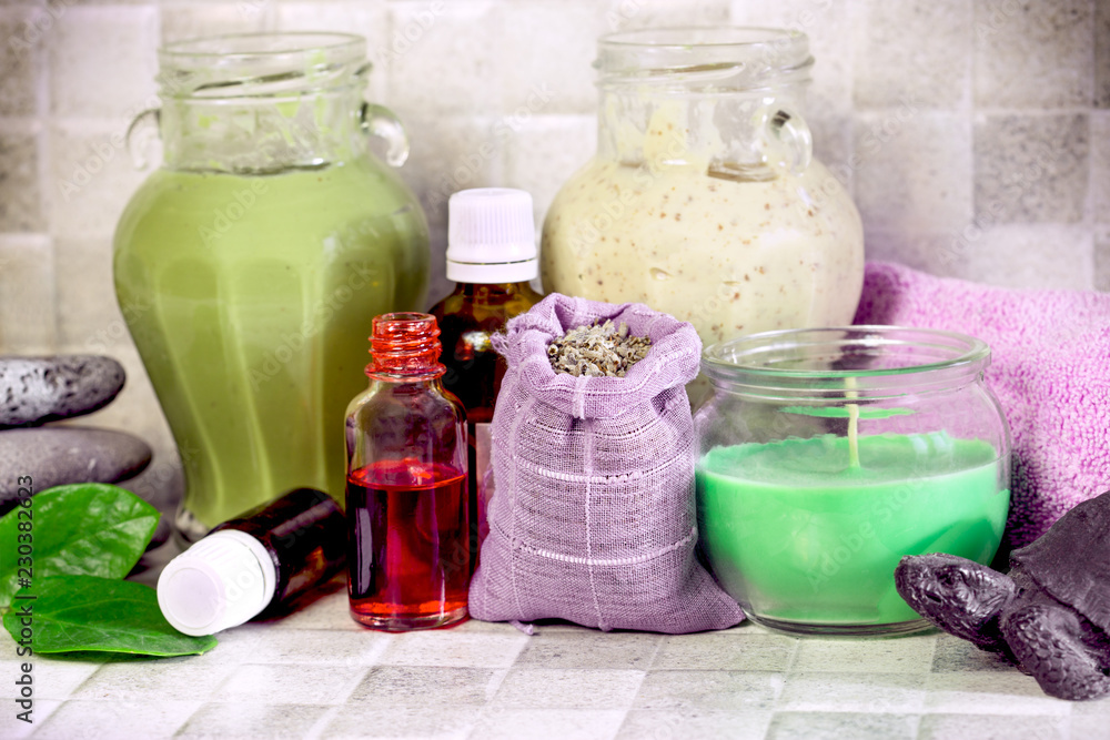 Essential oils and mask for face and body - spa concept Essential oils and mask for face and body - spa concept