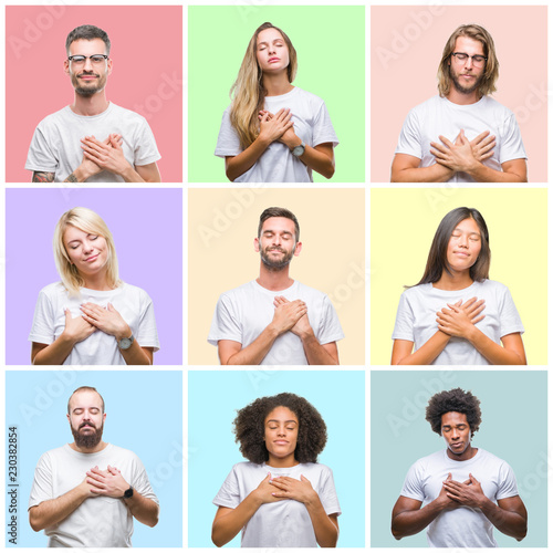 Collage of group people, women and men over colorful isolated background smiling with hands on chest with closed eyes and grateful gesture on face. Health concept.