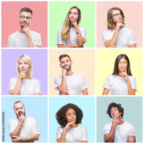 Collage of group people, women and men over colorful isolated background with hand on chin thinking about question, pensive expression. Smiling with thoughtful face. Doubt concept.