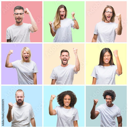 Collage of group people, women and men over colorful isolated background angry and mad raising fist frustrated and furious while shouting with anger. Rage and aggressive concept.