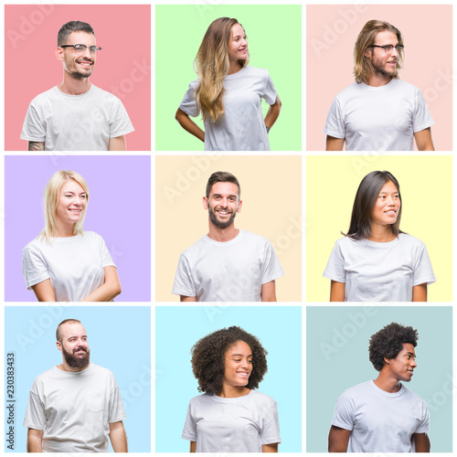 Collage of group people, women and men over colorful isolated background looking away to side with smile on face, natural expression. Laughing confident.