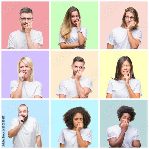 Collage of group people, women and men over colorful isolated background looking stressed and nervous with hands on mouth biting nails. Anxiety problem.