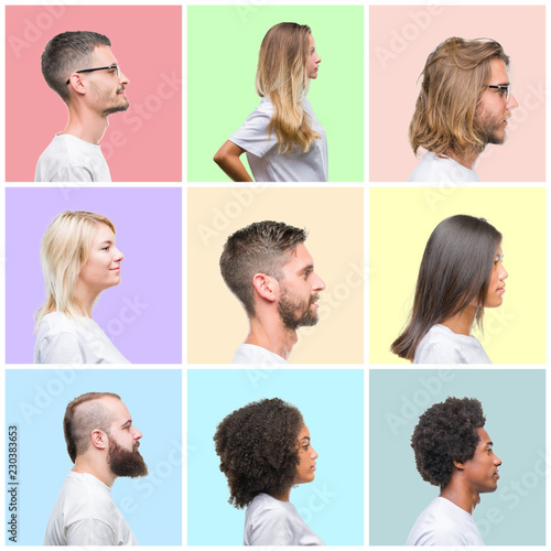 Collage of group people, women and men over colorful isolated background looking to side, relax profile pose with natural face with confident smile.