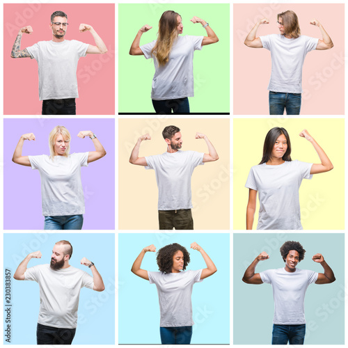Collage of group people, women and men over colorful isolated background showing arms muscles smiling proud. Fitness concept.