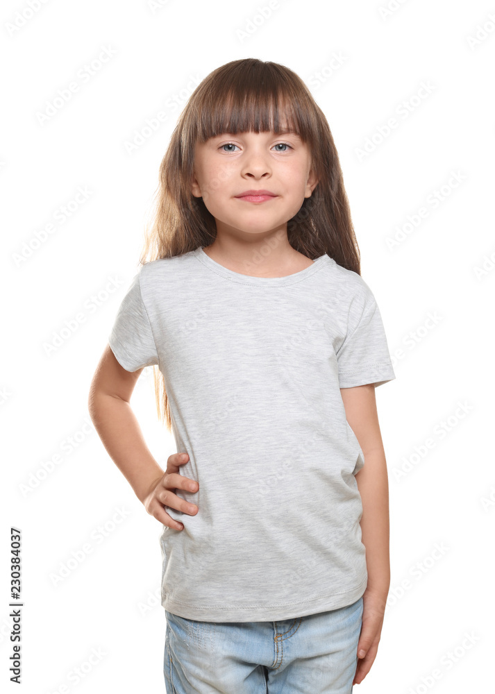 Little girl in t-shirt on white background