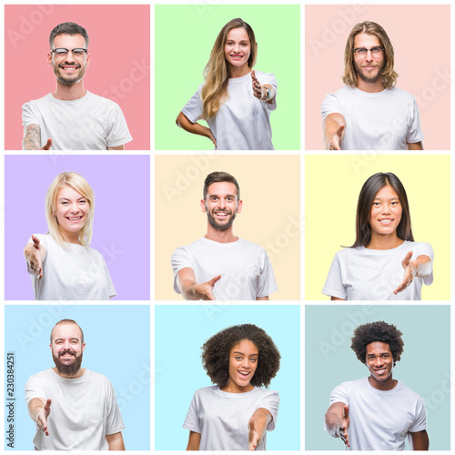 Collage of group people, women and men over colorful isolated background smiling friendly offering handshake as greeting and welcoming. Successful business.