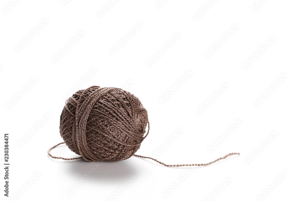 Brown string, yarn ball isolated on white background, texture