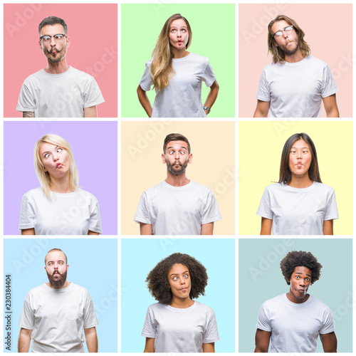 Collage of group people, women and men over colorful isolated background making fish face with lips, crazy and comical gesture. Funny expression.