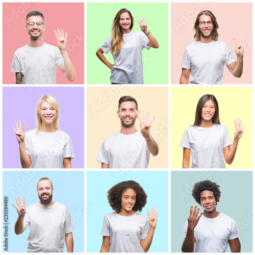 Collage of group people, women and men over colorful isolated background showing and pointing up with fingers number four while smiling confident and happy.