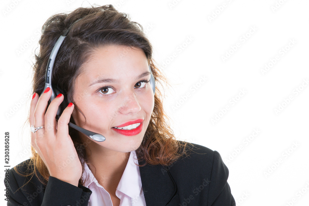 business woman talking on headset call center operator at office business woman talking on headset call center operator at office