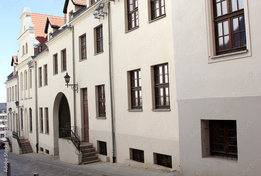 Buildings of Szczecin old town, west Poland. Architecture of narrow streed in castle neighbourhood.