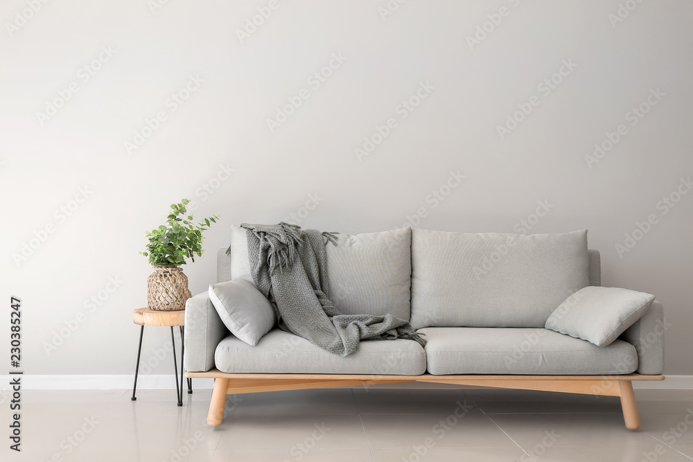Interior of room in eco style with soft couch and green plant in vase - obrazy, fototapety, plakaty 