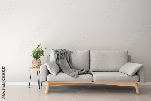 Interior of room in eco style with soft couch and green plant in vase photo