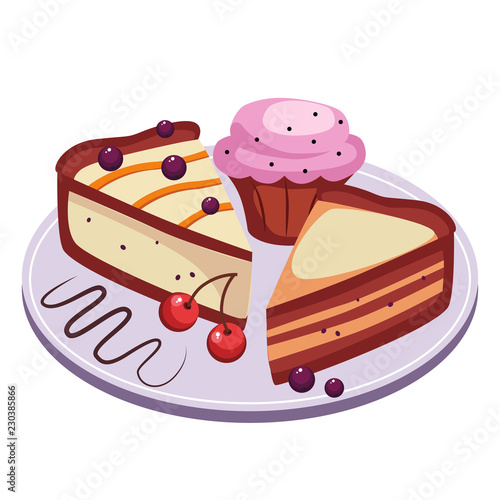 Pie and Cupcake with Cherries Vector Illustration
