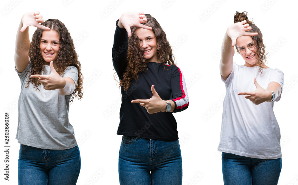 Collage of young brunette curly hair girl over isolated background smiling making frame with hands and fingers with happy face. Creativity and photography concept. Collage of young brunette curly hair girl over isolated background smiling making frame with hands and fingers with happy face. Creativity and photography concept.