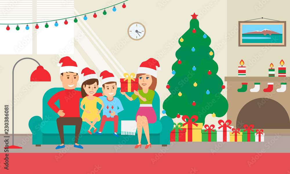 happy family in santa hats at home merry christmas and happy new year happy family in santa hats at home merry christmas and happy new year