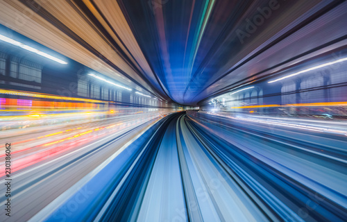 Motion blur of train moving inside tunnel in Tokyo, Japan