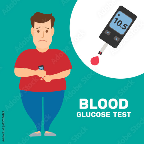 fat man holding glucose sugar blood tester