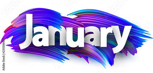 January banner with blue brush strokes.