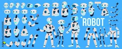 Robot Vector. Animation Set. Mechanism Robot Helper. Cyborgs, AI Futuristic Humanoid Character. Animated Artificial Intelligence. Web Design. Robotic Technology Isolated Illustration