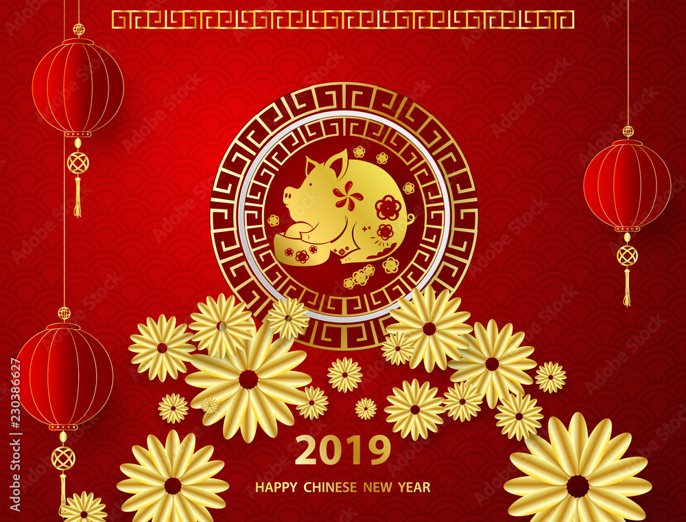Happy chinese new year 2019 banner card pig gold vector graphic and background