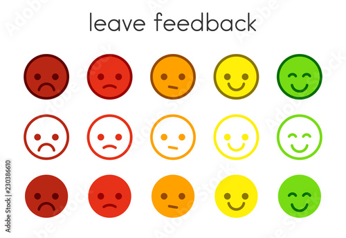 Leave feedback. Satisfaction scales with color smileys buttons.