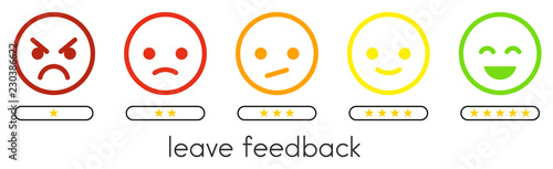 Leave feedback. Vote scale with color smileys buttons and stars.