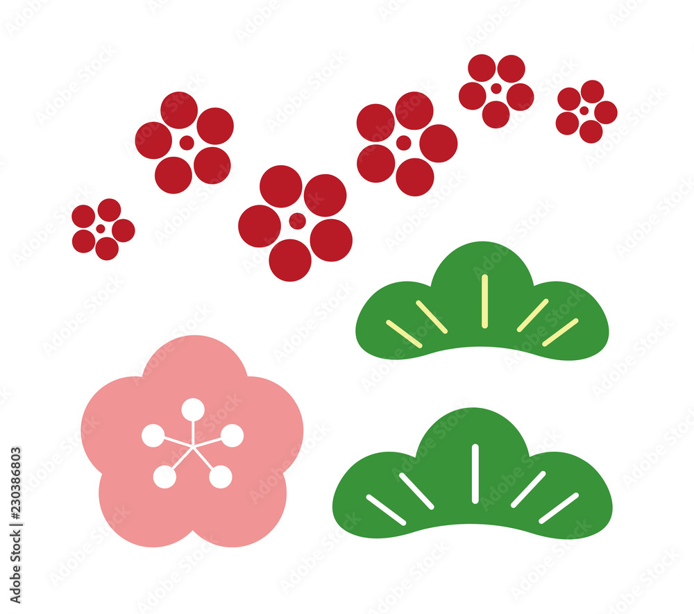 年賀状素材 松葉 梅の花 桜 花の模様 セット Stock イラスト Adobe Stock