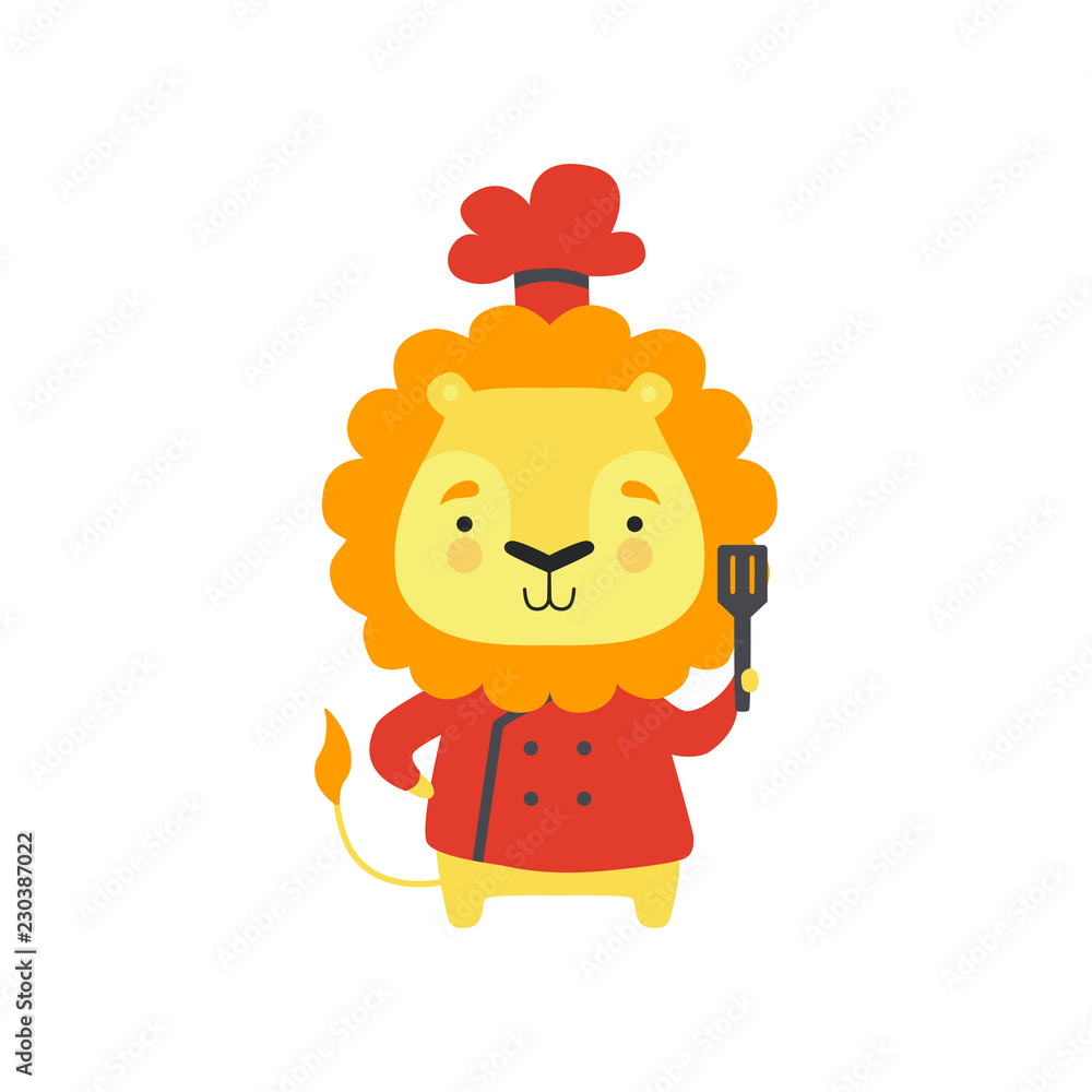 Cute lion in red chef uniform holding spatula, cartoon animal character cooking vector Illustration on a white background Cute lion in red chef uniform holding spatula, cartoon animal character cooking vector Illustration on a white background