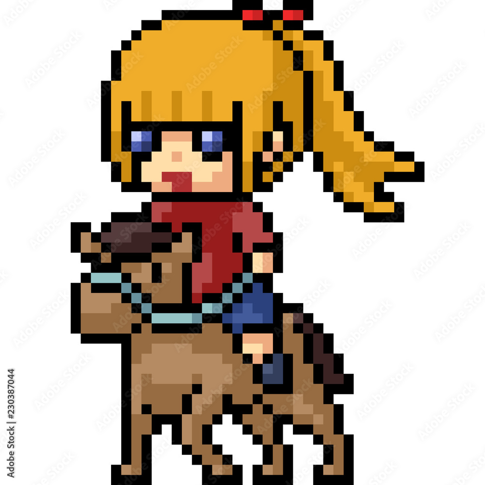 vector pixel art girl ride horse