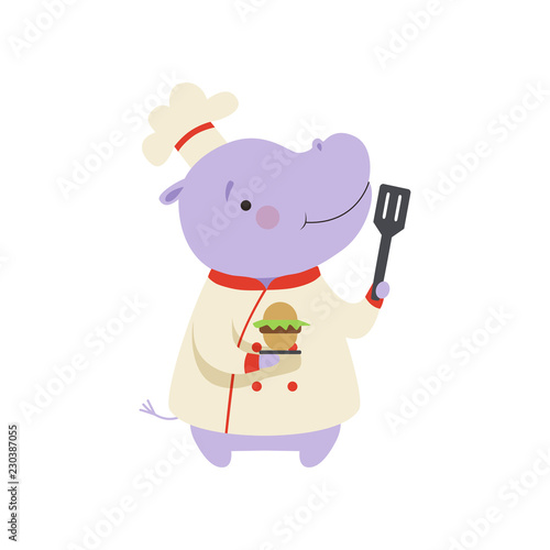 Cute hippo in chef uniform holding cupcake and spatula, cartoon animal character cooking vector Illustration on a white background