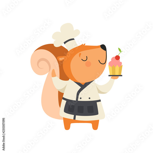 Cute squirrel in chef uniform holding cupcake, cartoon animal character cooking vector Illustration on a white background