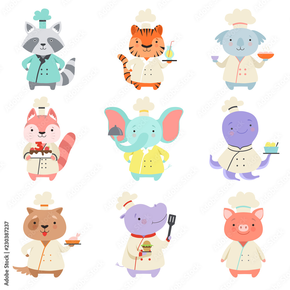 Cute animals in chef uniform set, cartoon pets characters cooking delicious dishes vector Illustration on a white background