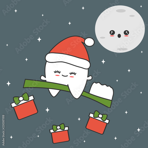 cute cartoon tooth with santa hat flying on toothbrush in the starry night funny christmas vector illustration