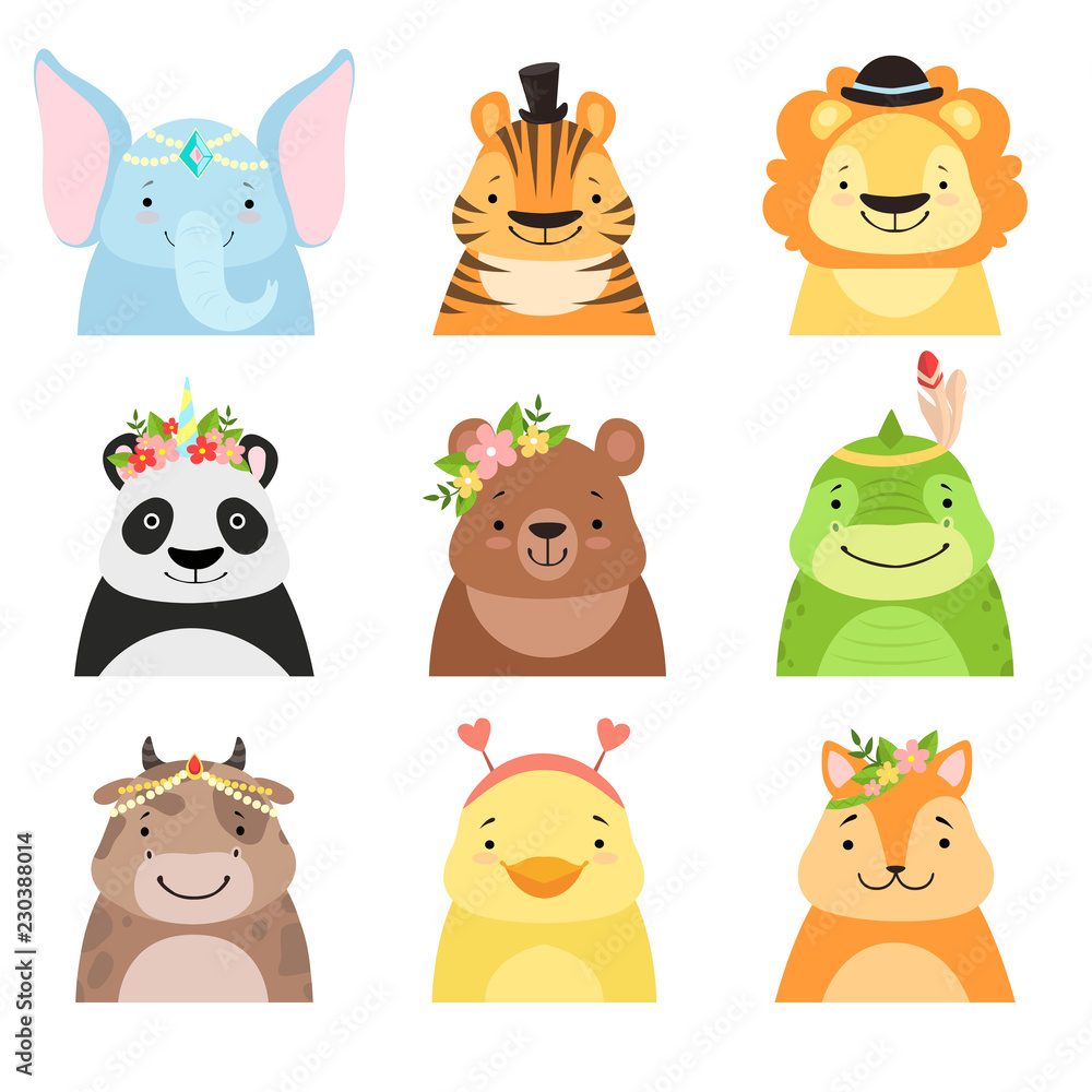 Funny animals wearing different hats set, elephant, tiger, lion, panda,  bear, dinosaur, cow, cute cartoon animal avatars vector Illustration on a  white background Stock Vector | Adobe Stock