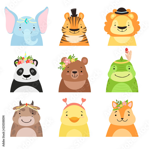Funny animals wearing different hats set, elephant, tiger, lion, panda, bear, dinosaur, cow, cute cartoon animal avatars vector Illustration on a white background