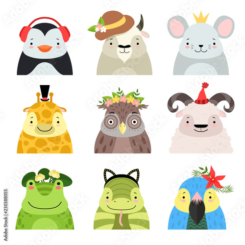 Funny animals and birds different hats set, penguin, cow, mouse, giraffe, owl, sheep, frog, snake, parrot, cute cartoon animal avatars vector Illustration on a white background photo