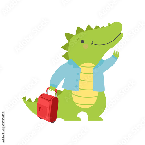 Cheerful tourist crocodile with suitcase, cute animal cartoon character travelling on summer vacation vector Illustration on a white background